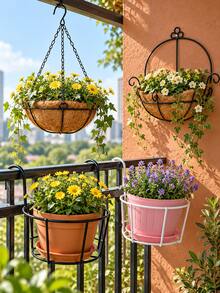 4pcs Hanging Railing Planter, Black Metal Flower Pot Holder, Weather-Resistant Iron Plant Hanging Basket, Suitable For Balcony Fence, Porch And Outdoor Garden Decoration - Multicolor - View 1