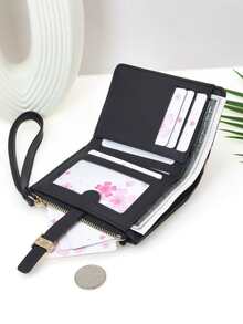 Floral Patchwork PU Short Snap Wallet Sweet Cute Mini Wrist Bag Multifunctional Coin Purse Zipper Pouch Simple Elegant Suitable For Storage - Multicolor - View 6