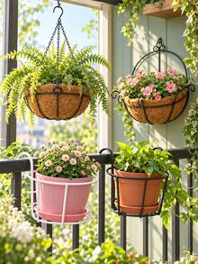 4pcs Hanging Railing Planter, Black Metal Flower Pot Holder, Weather-Resistant Iron Plant Hanging Basket, Suitable For Balcony Fence, Porch And Outdoor Garden Decoration - Multicolor - View 3