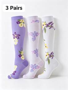 3 Pairs Women's Floral Pattern Compression Socks, Knee-High Printed Support Stockings, Suitable For Running - Multicolor - View 9