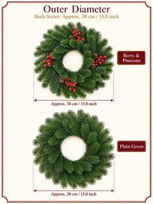 1pc 38cm Christmas Wreath, Green Needle Foliage, Solid Color Or Red Berry & Pine Cone Style Optional, Holiday Door & Wall Decor, Suitable For Home, Entryway & Living Room Christmas Decoration - Multiple Styles - View 7