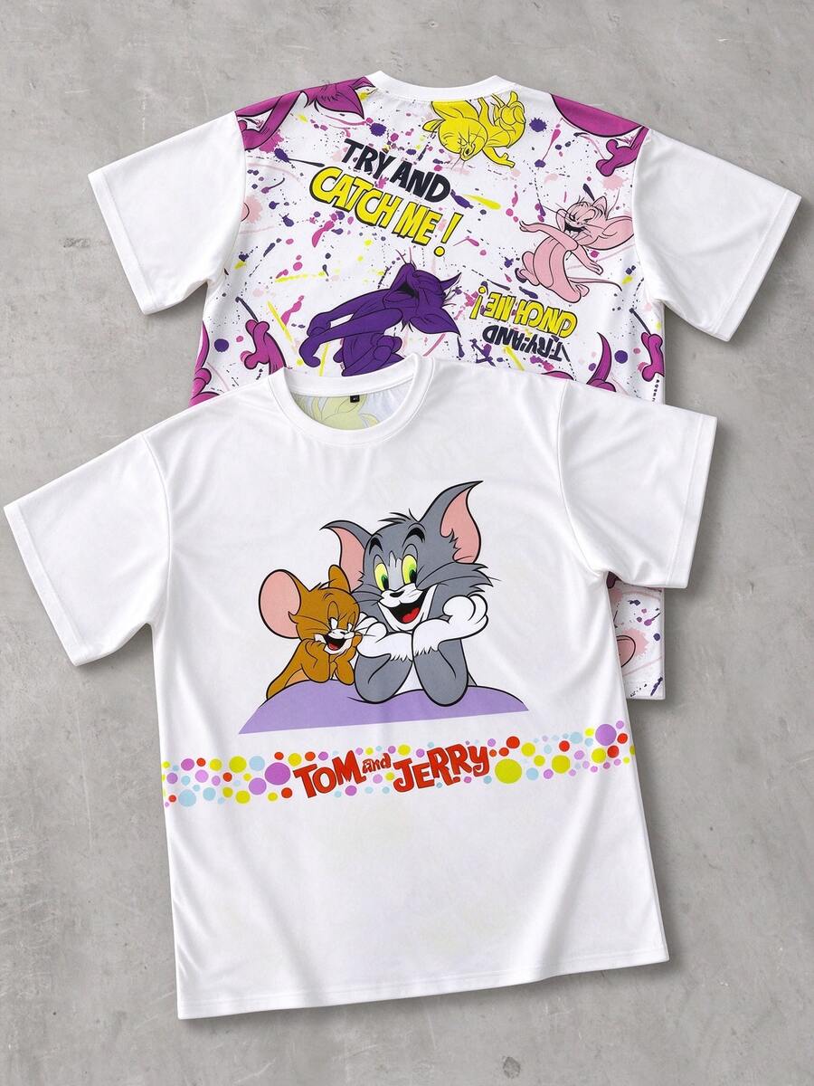 Strevion TOM & JERRY تي شيرت رجالي كاجوال بأكمام قصيرة وياقة دائرية بنقشة كرتونية - متعدد الألوان - مشاهدة 1