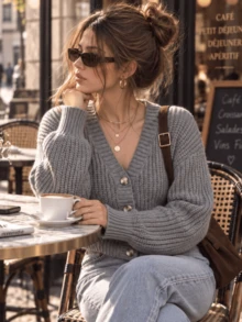 Women Fall Winter Gray Ribbed Cropped Knit Cardigan, V Neck Front Button Long Sleeve Sweater, Casual Vintage Layering Top, Street Going Out Outfit - Grey - View 4