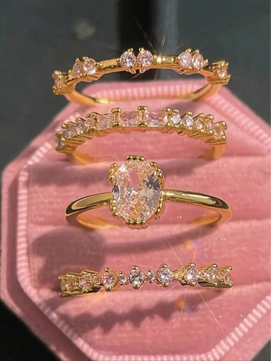Elegant Stackable Ring Set, 4pcs Geometric Layered Rings With Sparkling Zirconia, Perfect Gift, Fashionable Rings For Special Occasions - Yellow Gold - View 1