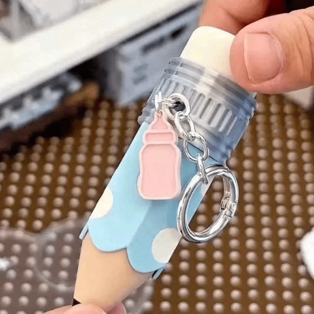 1pc-Giant Pencil Shape Press Toy Keychain With Mini Milk Bottle Charm, Clickable Cartoon Stationery Pendant Key Ring, Cute Bag Charm Accessory, Keyboard Gadget, Clicking Sound, Soft Toy