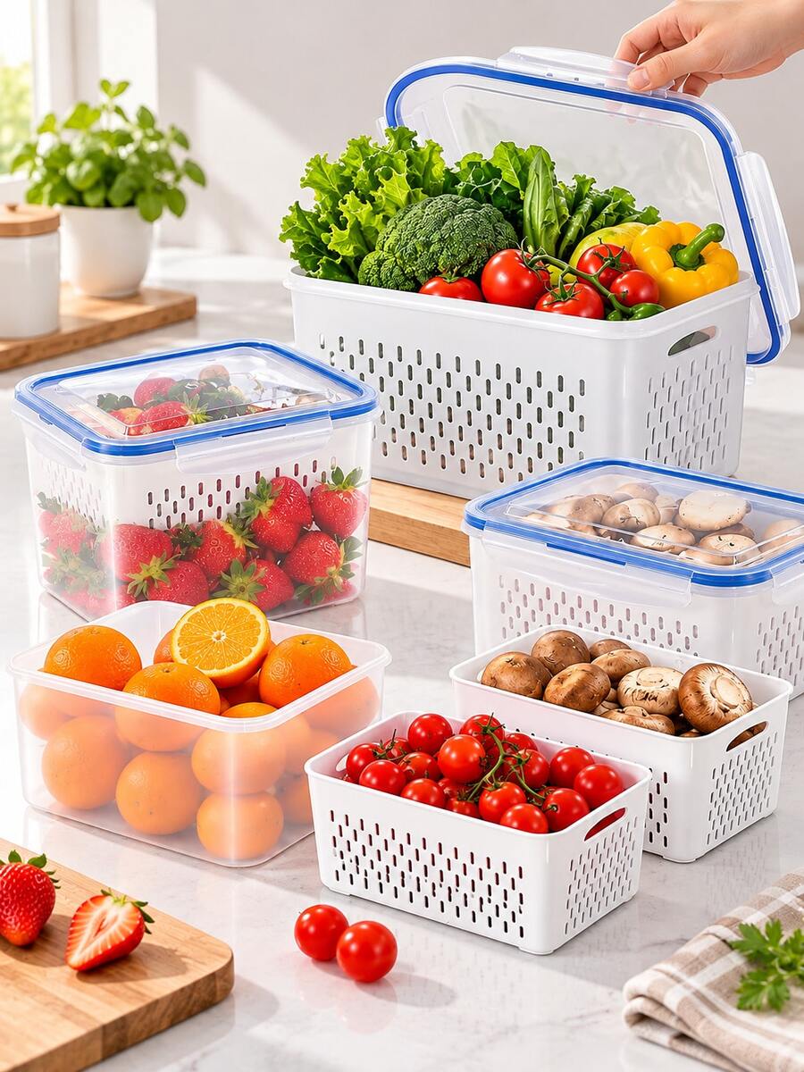 3/1pc 4-In-1 Refrigerator Fruit Storage Box With Detachable Colander, Airtight Leak-Proof, Stackable, Fresh Food Preservation, Berry Vegetable Produce Drain Basket, Refrigerator Fresh-Keeping Box - Multicolor - View 1
