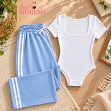 Calça azul body Branco