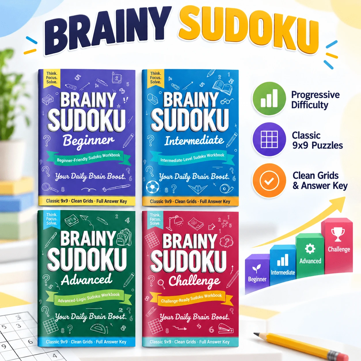 Sudoku Logic Puzzle Notebooks, Progressive 9x9 Number Games, Beginner To Challenge Levels, Brain Training, Focus, Reasoning & Problem-Solving Practice, Clear Grids With Answer Key, Home, Classroom & Travel - 4 Difficulty Levels - View 1