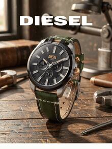 Diesel DZ4588 Men's Chronograph Watch, Green Textured Strap, Black Multifunction Dial, Mineral Glass 10Bar Water Resistant - Black - View 6