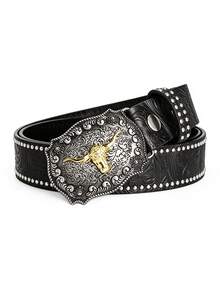 1pc Bohemian Style Western Cowboy Men's Belt, Vintage Embossed PU Leather Belt With Fashionable Bull Head Metal Buckle, Double Row Rivet Decoration, Y2K Punk Style Belt, Suitable For Men And Women, Ideal For Casual Wear, Jeans, Dresses And Parties, Perfect Gift - Black - View 3