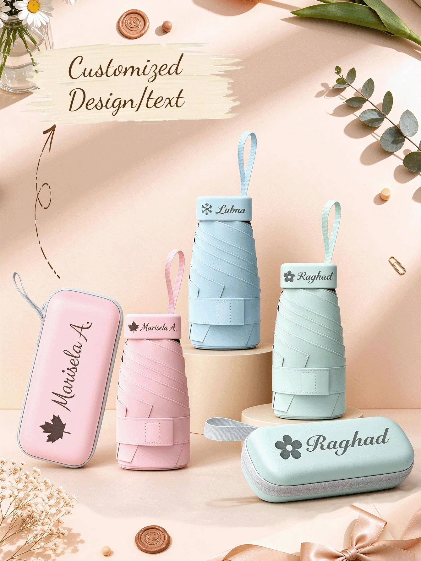 Customized Personalized Umbrella With Capsule Case – Portable Folding Sun/Rain Umbrella & Custom Name Umbrella Sleeve, Perfect For Daily Carry, Travel, Or Gifting. Customize Your Own Personalized Mini Umbrella - Flat Umbrella - View 1