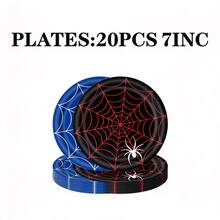 10//2040/50/60/80pcs Disposable Paper Tableware Set Spider Web Party Tableware Set, Red Blue Black Spider Theme 18cm 23cm Paper Plates, 250ml Cups & Napkins For Kids Birthday & Halloween - View 18