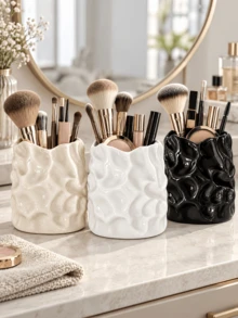 1pc Wavy Texture Cosmetic Storage Box, Glossy Sculptural Makeup Brush Holder, Suitable For Vanity, Dressing Table And Bedroom Decor - Multicolor - View 2
