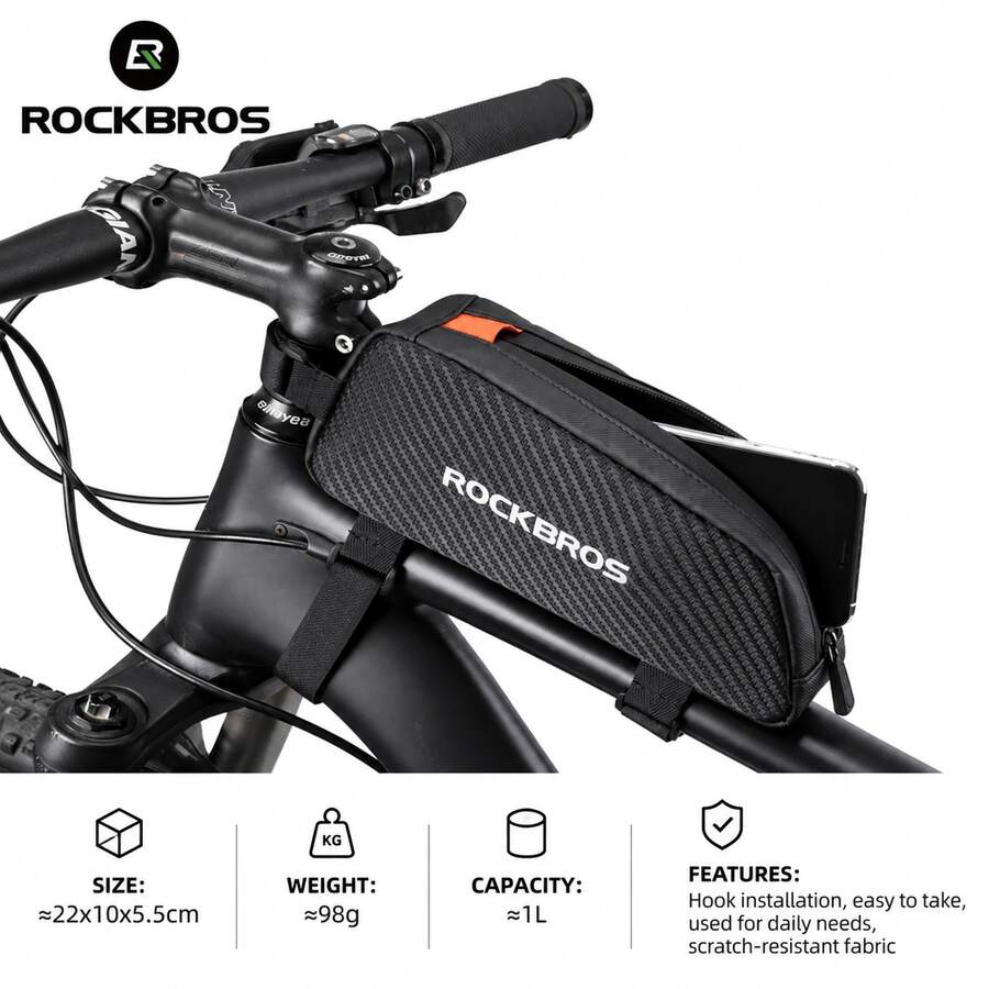 ROCKBROS 1PC Bicycle Top Tube Bag, Bicycle Frame Bag, Large Capacity, Portable, Ultralight, Anti-Light Rain,Reflective, Unisex Cycling Gear, Suitable For Road Bikes And Mountain Bikes - Black - View 1