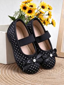 Girls' Black Polka Dot Mary Jane Flats, Rhinestone Bow Decor Round Toe Elastic Strap Dress Shoes, Cute Princess Style Flats, Suitable For Party And Daily Wear - Black - View 5
