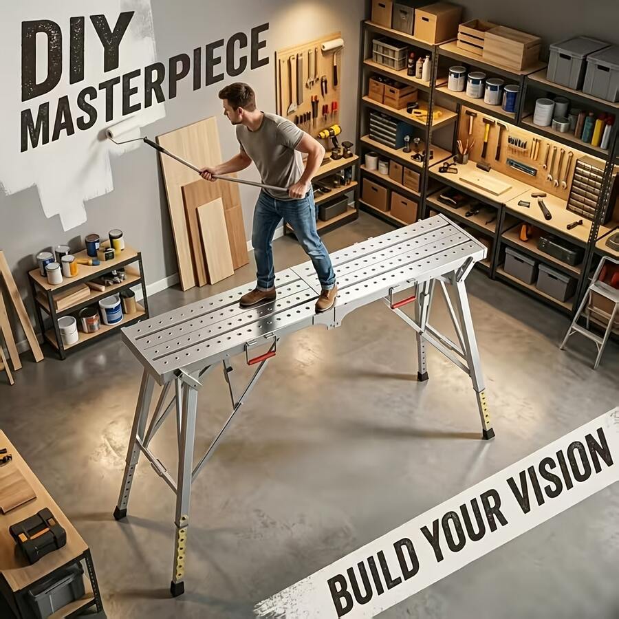 Portable Foldable Workbench With Adjustable Height & Wide Base - Heavy-Duty Foldable, Railing Suitable For Home Renovation, , RV Cleaning, Window Washing - Ideal For/Outdoor Use With Free Gifts (Workbench) - Length 63 Inch - View 1