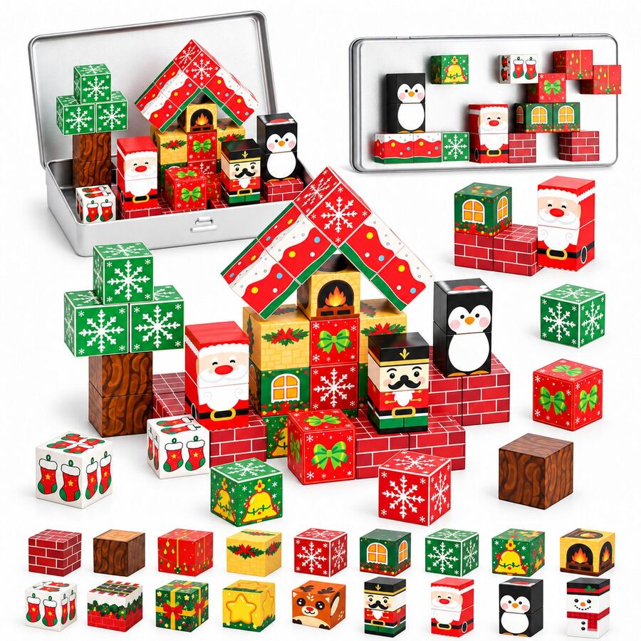 80pcs Christmas Travel Magnetic Building Blocks, DIY Stacking Toy, Magnetic Construction Toy, STEM Learning Blocks Set With Storage Box, Learning To Build, Blocks Help Develop Imagination, Enhance Hands-On Ability And Creativity, Suitable As Back To School Gift, Birthday Gift, Christmas Gift, New Year Gift For Boys And Girls - Multicolor - View 1