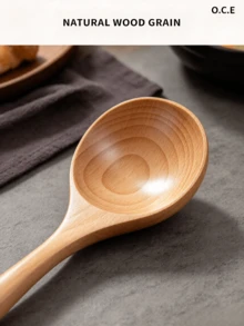 OCE Natural Beech Wood Wide Dinner Spoon, Solid Wood Table Spoon, Smooth Wooden Utensil For Home Kitchen - View 2