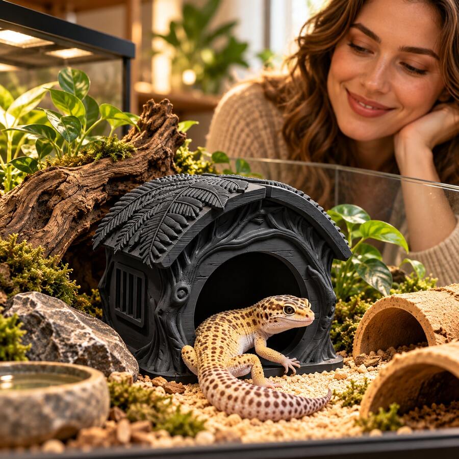 1pc Popular 3D Printed Fairy Leaf House Reptile Hide, Rustic Treehouse Decor, Suitable For Leopard Gecko, Lizard, Snake, Hermit Crab Small Pet Hiding Cave - View 1