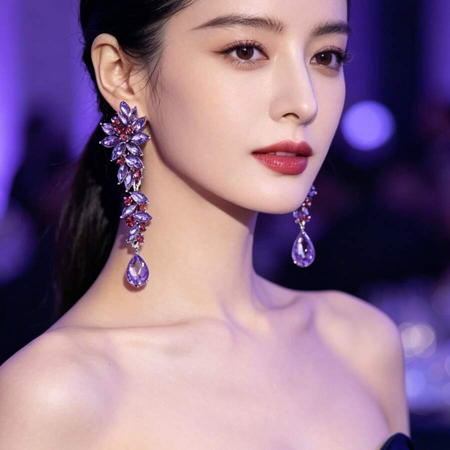 1 Pasang Anting Gantung Daun dan Tetesan Air Mata Bertabur Berlian Imitasi Mewah untuk Wanita, Cocok untuk Pernikahan, Prom, Pertunjukan, Pesta, dan Acara Lainnya - Merah Muda Putih K - View 1