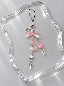 1pc Iridescent Pink Bow Phone Charm, Star & Angel Wing Metal Dangle, Faux Pearl Beaded Phone Lanyard For Girls - Multicolor - View 4