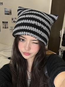 1 mũ len tai mèo sọc Y2K, mũ len nhọn dễ thương, mũ mùa đông mềm ấm, phụ kiện phong cách đường phố unisex, phù hợp cho trang phục thu/đông - màu đen - Xem 2