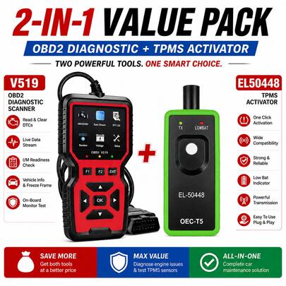 2PCS Kit V519 OBD2 Scanner & EL-50448 TPMS Activation Tool, Automotive Diagnostic Kit With Engine Code Reader, Live Data, Battery Voltage Test & Tire Pressure Sensor Relearn