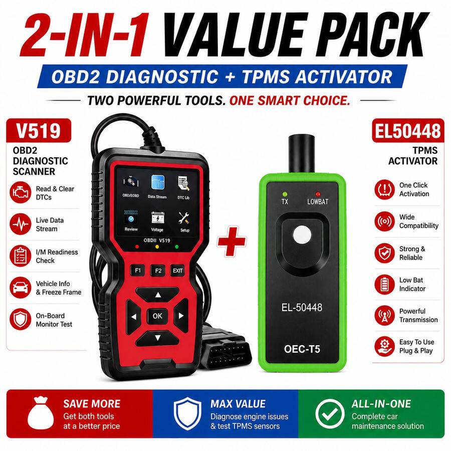 2PCS Kit V519 OBD2 Scanner & EL-50448 TPMS Activation Tool, Automotive Diagnostic Kit With Engine Code Reader, Live Data, Battery Voltage Test & Tire Pressure Sensor Relearn - A - View 1
