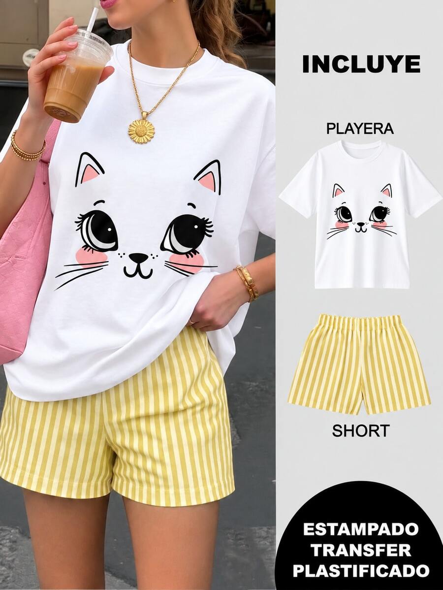 Women Two-Piece Outfits - 2 Playera Blanca con Short Rayas Verde con Amarillo - View 1