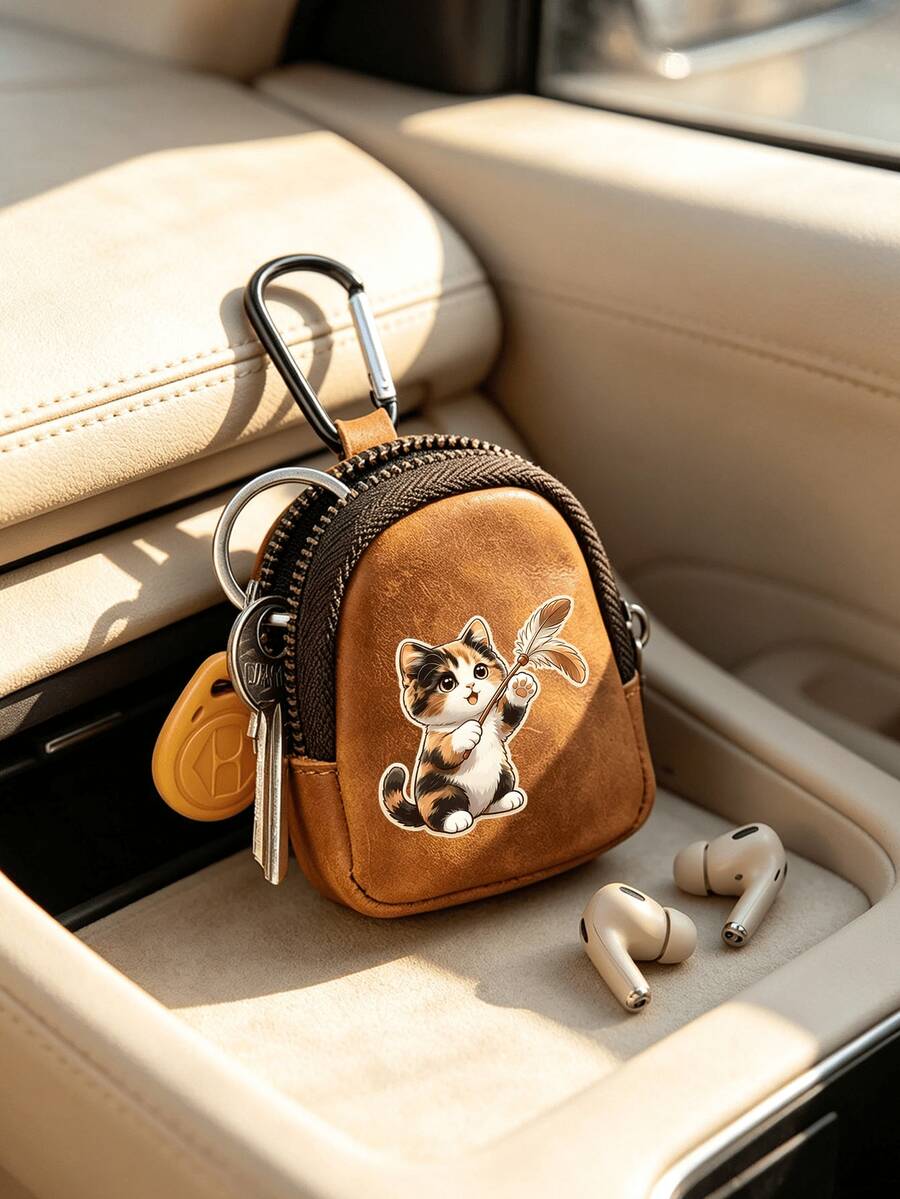 Cute Black Cat Daisy Butterfly Print Mini Zipper Coin Purse, With Mountain-Shaped Buckle, Portable PU Leather Earphone Storage Bag, Small Key Card Holder, Gift - Multicolor - View 1