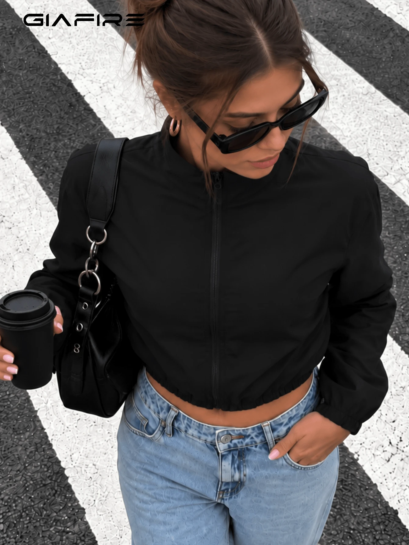 Women's Fashion High Elasticity Short Jacket Long Sleeve Round Neck Top Autumn Casual Set