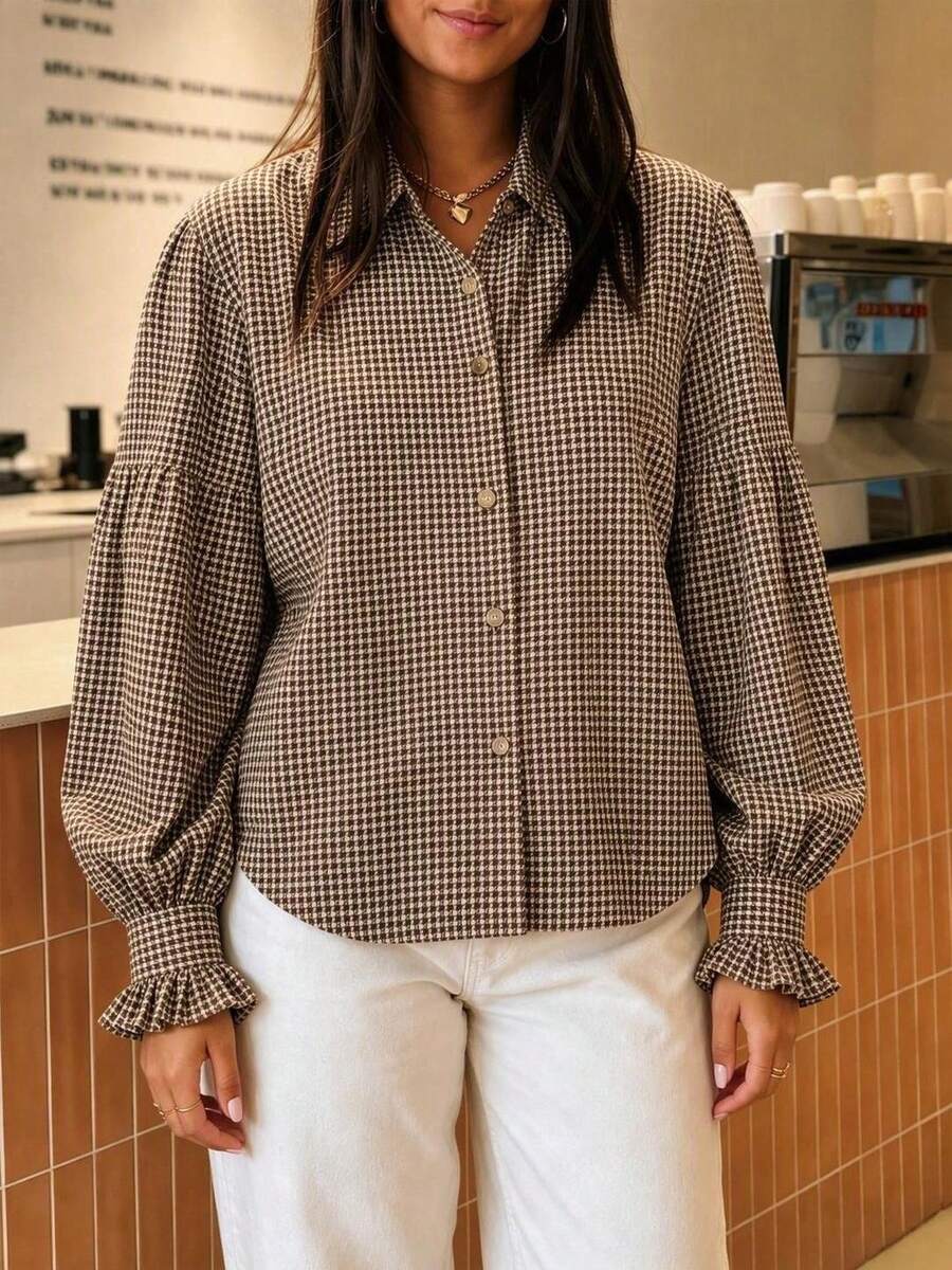 Women's Houndstooth Front Button Ruffle Sleeve Long Sleeve Blouse, Autumn/Winter Wardrobe Essential - Brown - View 1