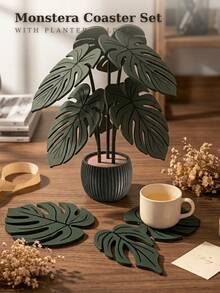 6Pcs Monstera Leaf Coaster Set With Planter Holder, Modern Green Stackable Non-Slip Beverage Coaster Set, Suitable For Living Room Office Desktop, Aesthetic Style - Multicolor - View 2
