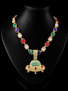 1pc European And American Hip-Hop Style UFO Flying Saucer Full Rhinestone Pendant Necklace, Colorful Square Rhinestone Chain Personalized Street Fashion Accessory - UFO Pendant Necklace - View 10