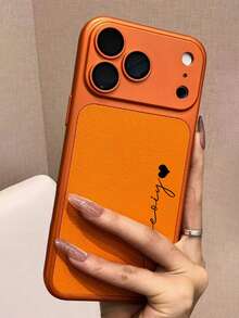 個性化字母圖案人造皮革手機殼，適用 18 17 16 15 14 13 Pro Max 系列，奢華鱷魚紋理，防震防刮，完美貼合，適用 18 17 Pro Max，理想聖誕禮物選擇 - 橘色 - 查看 3