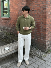 Men's Solid Color Loose Comfortable Textured Neutral Style Unisex Slouchy Textured Polo Collar Long Sleeve Sweater Autumn/Winter - Green - View 4