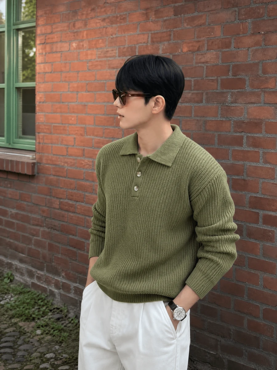 Men's Solid Color Loose Comfortable Textured Neutral Style Unisex Slouchy Textured Polo Collar Long Sleeve Sweater Autumn/Winter - Green - View 1