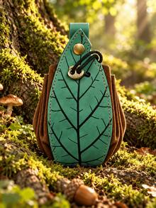 Tas Pinggang PU Daun Hijau Peri Hutan Abad Pertengahan, Kantong Pinggang Patchwork Cokelat Vintage, Dompet Koin Motif Urat Tanaman, Aksesori Kostum Cosplay Halloween LARP Druid Ranger Renaissance - A - View 3