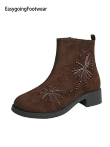 Women's Shiny Beaded Embroidered Ankle Boots, Round Toe Chunky Heel Side Zipper Fashion Autumn/Winter Ankle Boots - Coffee Brown - View 9