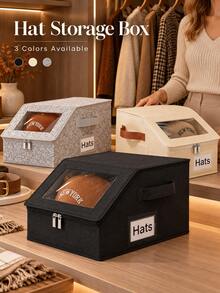 Fashionable Fabric Hat Storage Box, Transparent Window Lid, Double Zipper Closure, Side Handles, Label Slot, Large Capacity Foldable Hat Organizer, Suitable For Baseball Caps, Knit Hats, Scarves, Closet, Bedroom, Wardrobe, Dorm, Autumn/Winter Home Storage - Multicolor - View 3