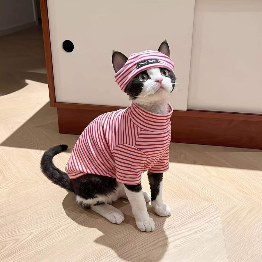 Multi-Color Striped Turtleneck Cat Shirt With Hat, Soft And Elastic Pet Clothing Set With Hat, Cute Kitten Outfit For Sphynx And Devon Rex Hairless Cats - Multicolor - View 1
