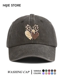 Vintage All-Season Casual Washed Distressed Soft Top Baseball Cap For Women, Leopard Print Striped Heart Print Curved Brim Baseball Cap, Outdoor Adjustable - A - View 1