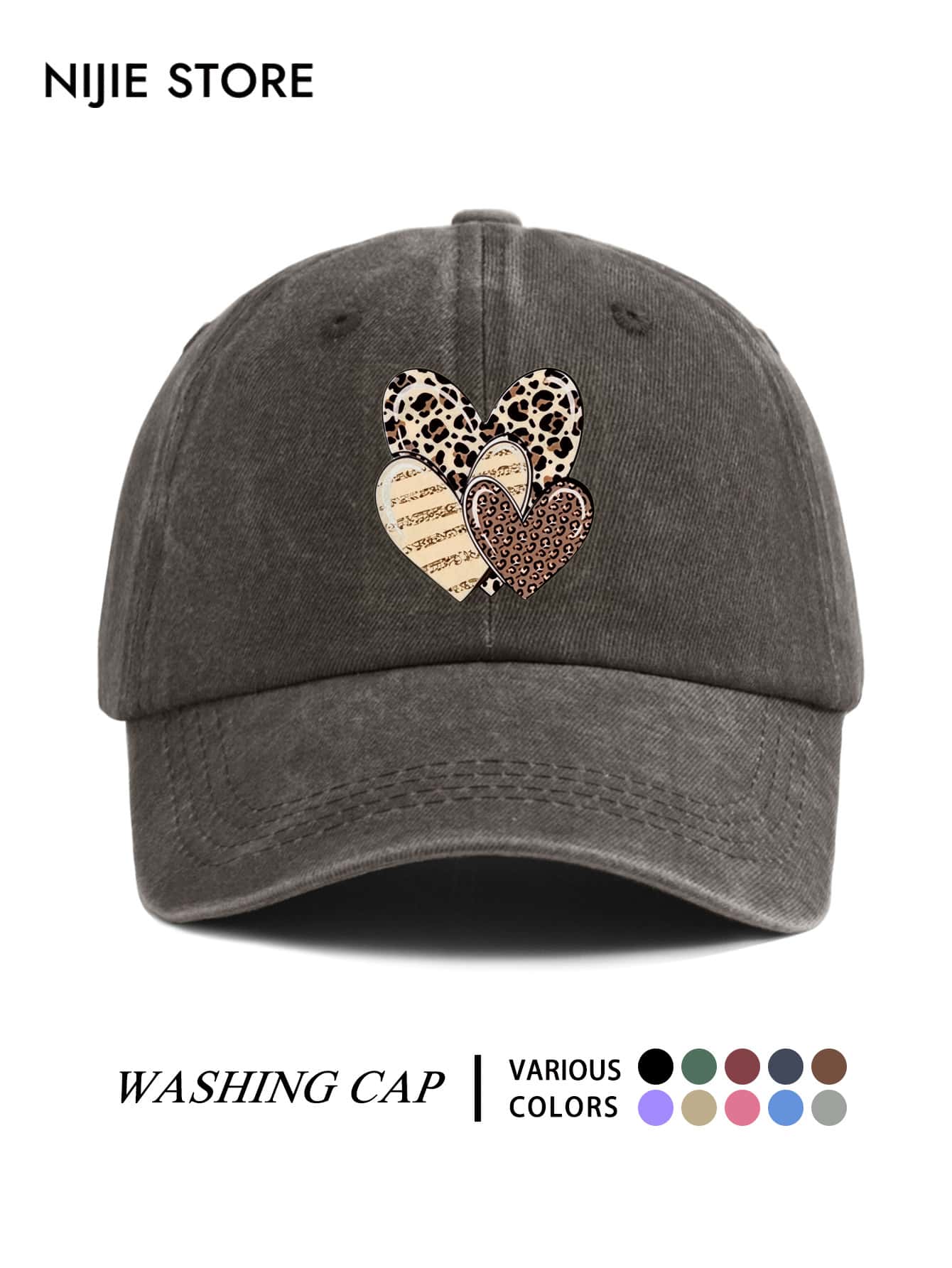 Vintage All-Season Casual Washed Distressed Soft Top Baseball Cap For Women, Leopard Print Striped Heart Print Curved Brim Baseball Cap, Outdoor Adjustable - A - View 1