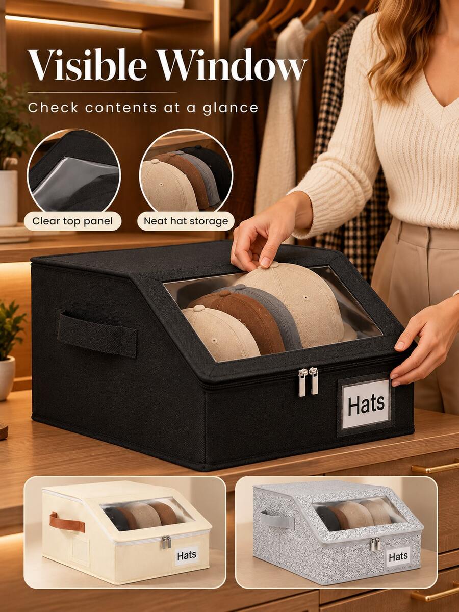 Fashionable Fabric Hat Storage Box, Transparent Window Lid, Double Zipper Closure, Side Handles, Label Slot, Large Capacity Foldable Hat Organizer, Suitable For Baseball Caps, Knit Hats, Scarves, Closet, Bedroom, Wardrobe, Dorm, Autumn/Winter Home Storage