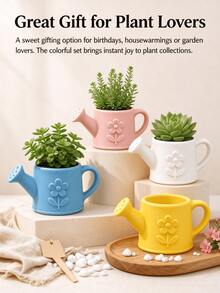 Creative Watering Can Embossed Ceramic Small Flower Pot, Macaron Colorful Mini Succulent Planter, Desktop Gardening Decorative Potted Plant Container - Watering Can - View 6
