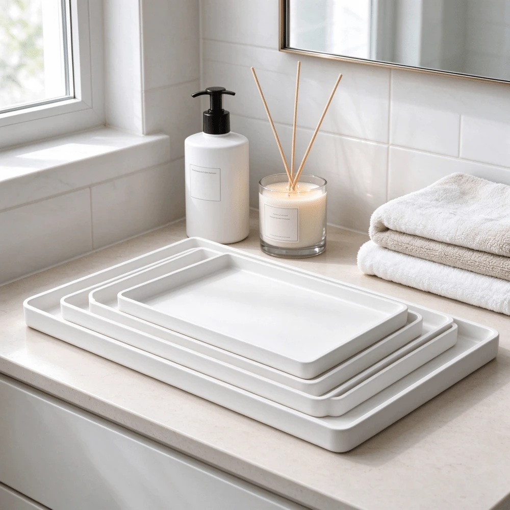 Rectangular Plastic Tray, Hotel Guest Room Water Cup Electric Kettle Tea Tray, Bathroom Toiletries Storage Tray - White - View 1