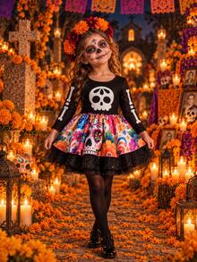 Vestido Catrina Mexicana para Niña – Modelo Día de Muertos - Negro - Ver 6