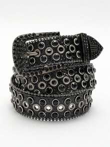 1pc Unisex Solid Color Rhinestone Buckle Belt Strap Hip Hop Punk Y2K Street Fashion Waist Belt - Black - View 3