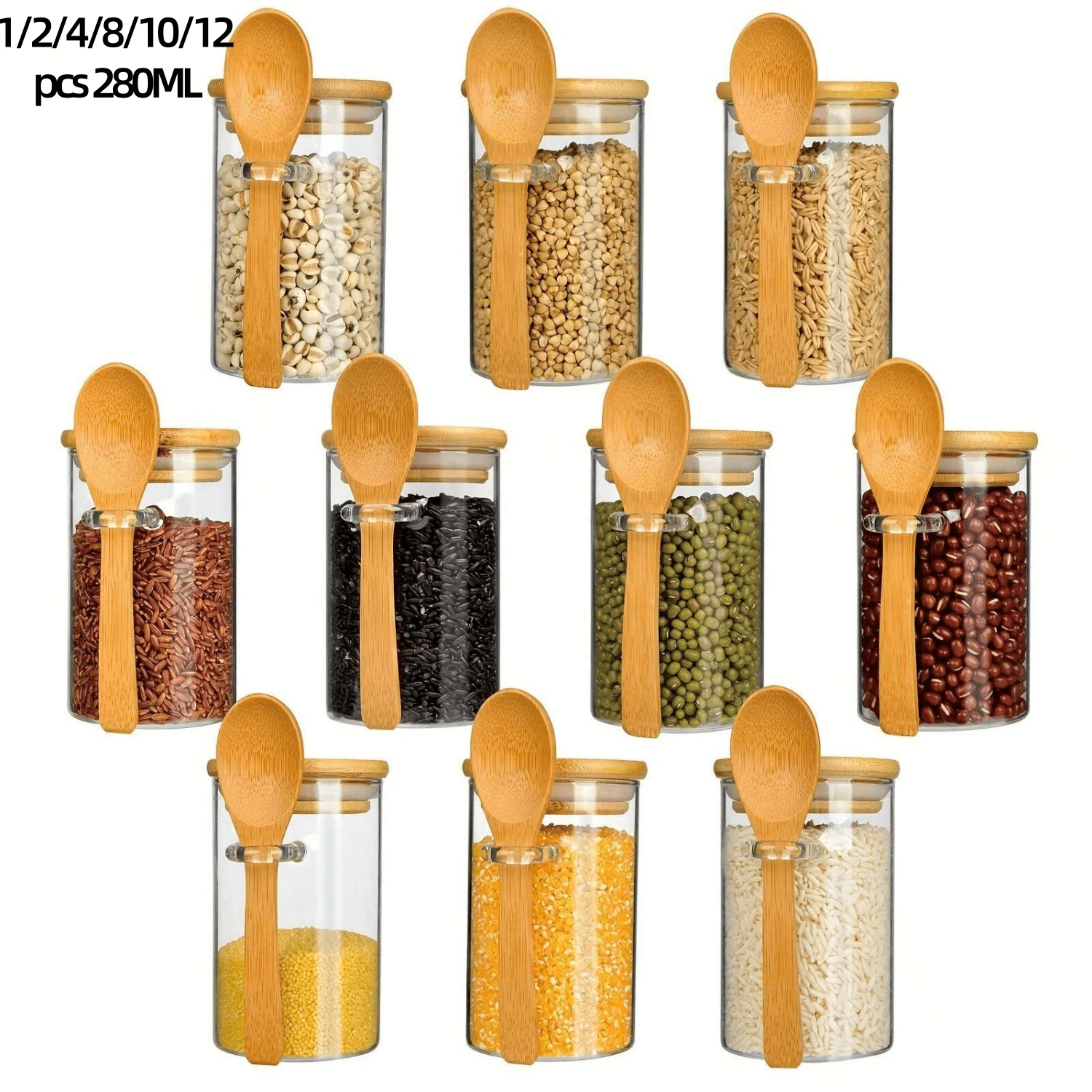 1/2/4/8/10pcs 280ml Glass Jars With Bamboo Lids, Transparent Glass Airtight Storage Jars, Spice Jars, 10oz Clear Glass Food Canisters, Kitchen Containers For Salt, Spices, Tea, Coffee, Candy, Cookies, Cereal