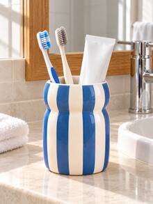 Striped Toothbrush & Toothpaste Holder, Red Or Blue Bathroom Countertop Storage Rack, Vanity And Sink Decor Storage Cup - Multicolor - View 4
